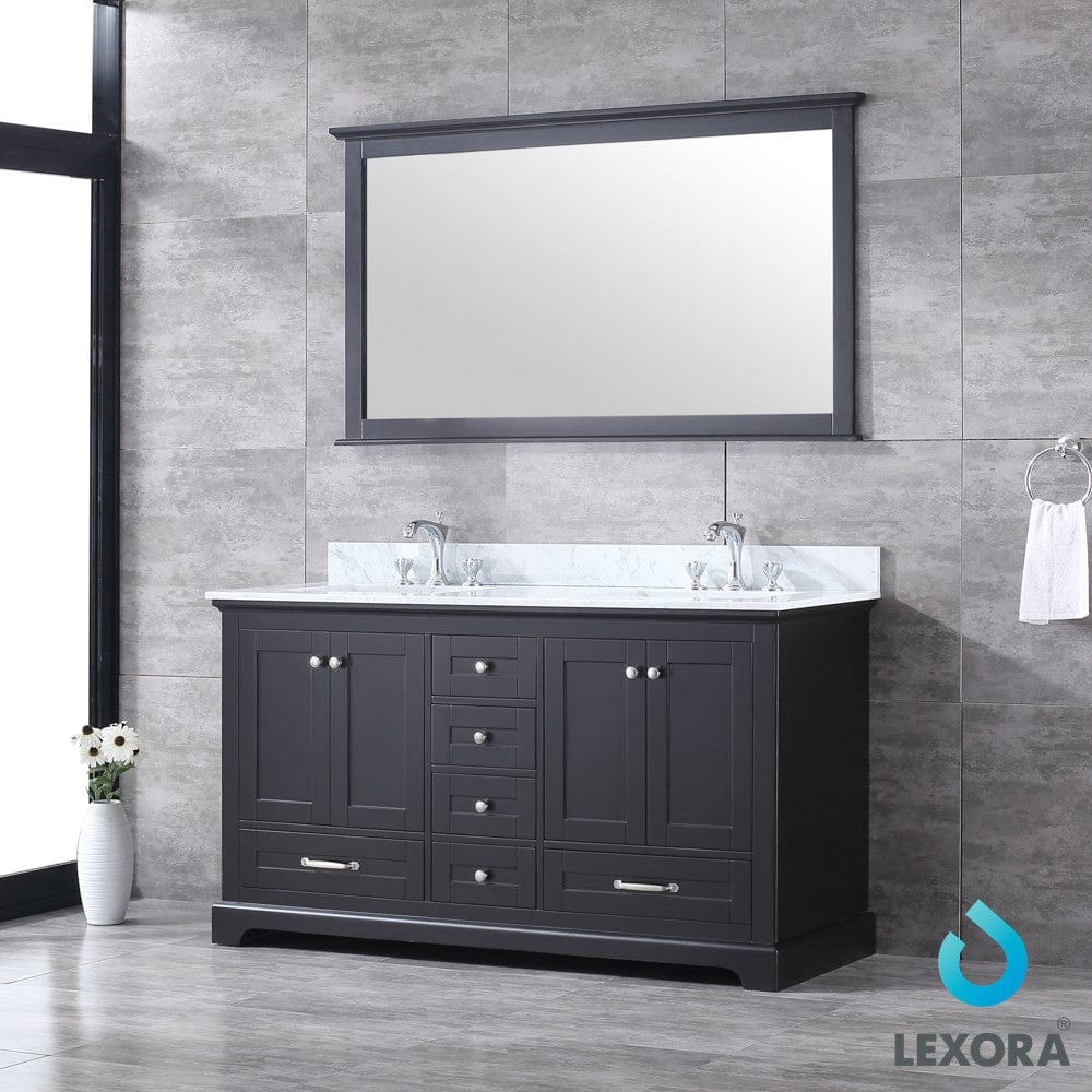 Lexora Dukes 60" Espresso Double Vanity Set | White Carrara Marble Top | White Ceramic Square Undermount Sinks | 58" Mirror