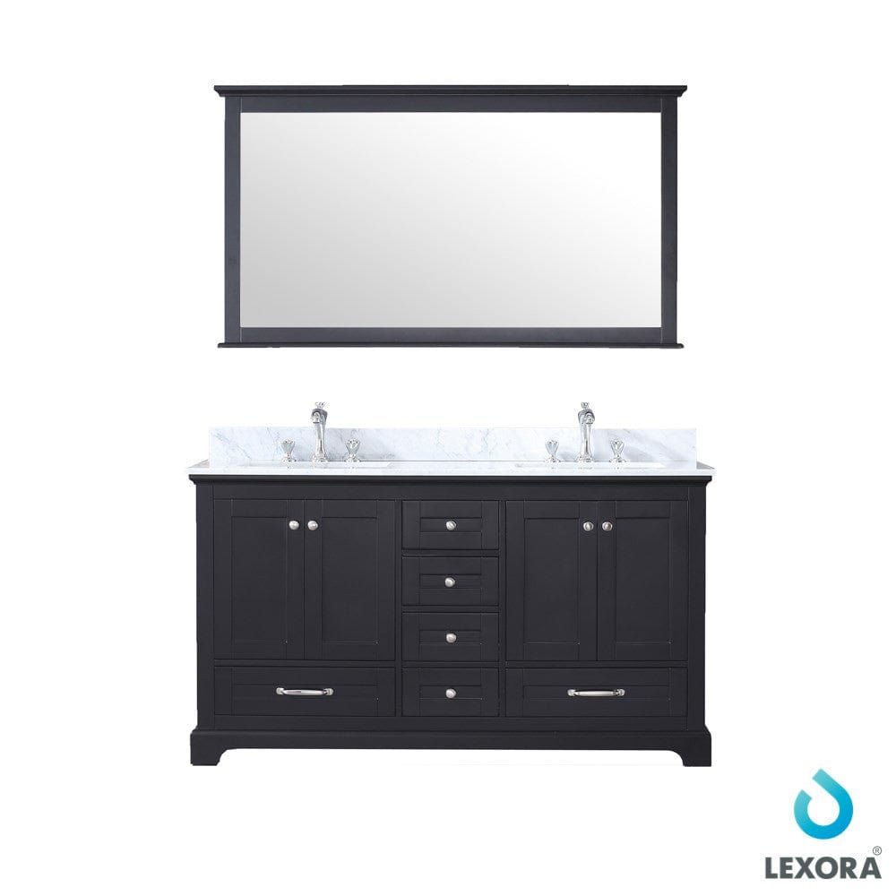 Lexora Dukes 60" Espresso Double Vanity Set | White Carrara Marble Top | White Ceramic Square Undermount Sinks | 58" Mirror