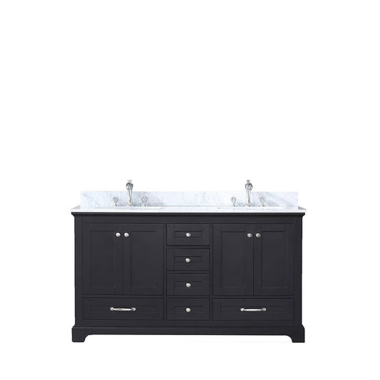 Lexora Dukes 60" Espresso Double Vanity | White Carrara Marble Top | White Ceramic Square Undermount Sinks | No Mirror