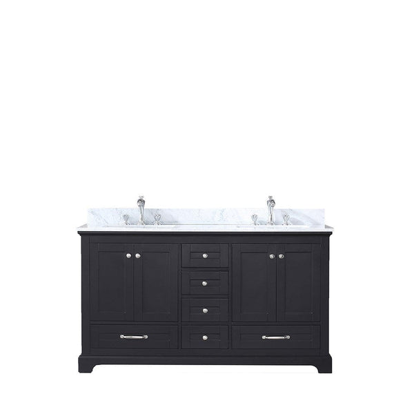 Lexora Dukes 60 Espresso Double Vanity | White Carrara Marble Top | White Ceramic Square Undermount Sinks | No Mirror