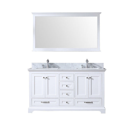 Lexora Vanities Lexora Dukes 60" White Double Vanity Set | White Carrara Marble Top | White Ceramic Square Undermount Sinks | 58" Mirror