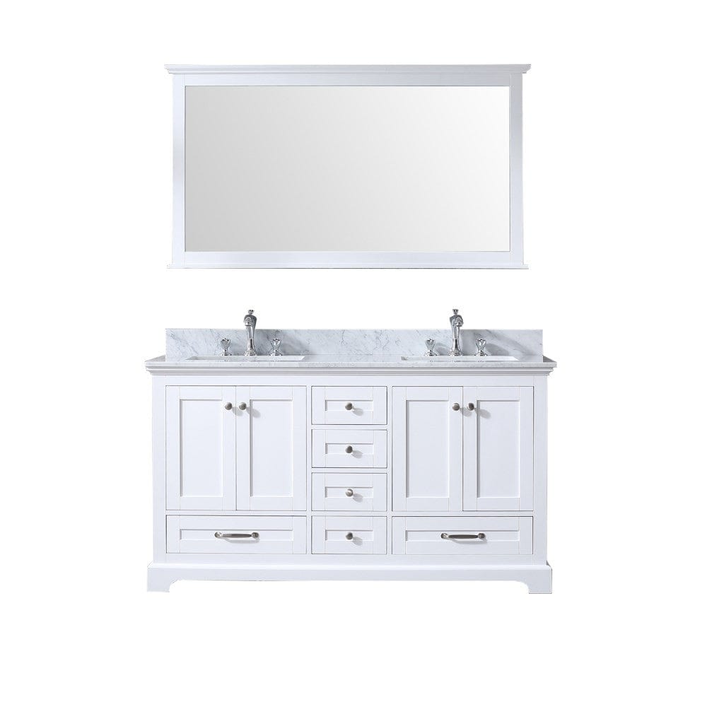 Lexora Dukes 60" White Double Vanity Set | White Carrara Marble Top | White Ceramic Square Undermount Sinks | 58" Mirror