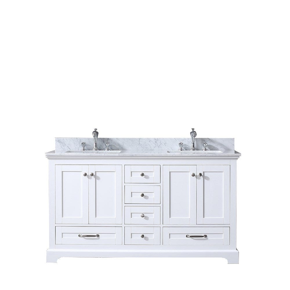 Lexora Dukes 60" White Double Vanity | White Carrara Marble Top | White Ceramic Square Undermount Sinks | No Mirror