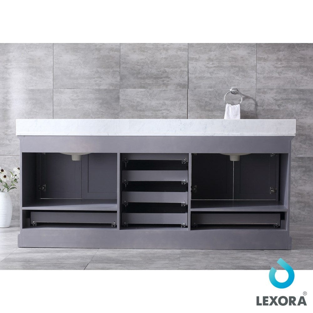 Lexora Dukes 80" Dark Grey Double Vanity Set | White Carrara Marble Top | White Ceramic Square Undermount Sinks | 30" Mirrors