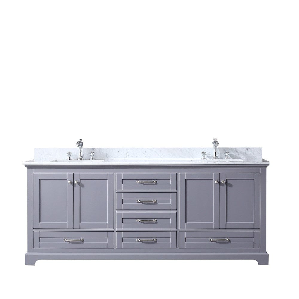 Lexora Dukes 80" Dark Grey Double Vanity | White Carrara Marble Top | White Ceramic Square Undermount Sinks | No Mirror