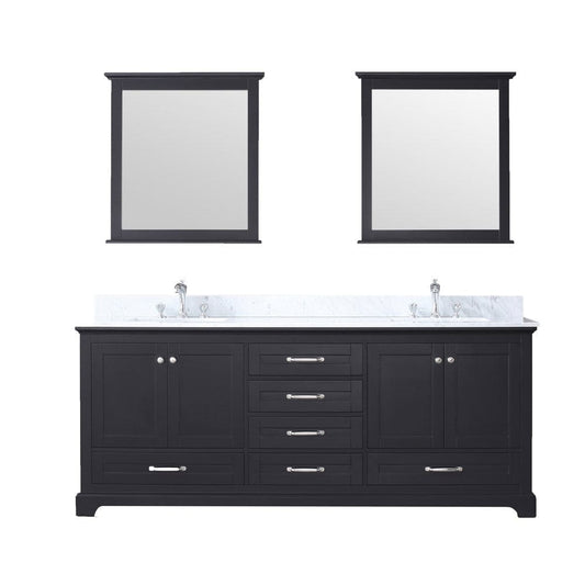 Lexora Dukes 80" Espresso Double Vanity Set in | White Carrara Marble Top | White Ceramic Square Undermount Sinks | 30" Mirrors