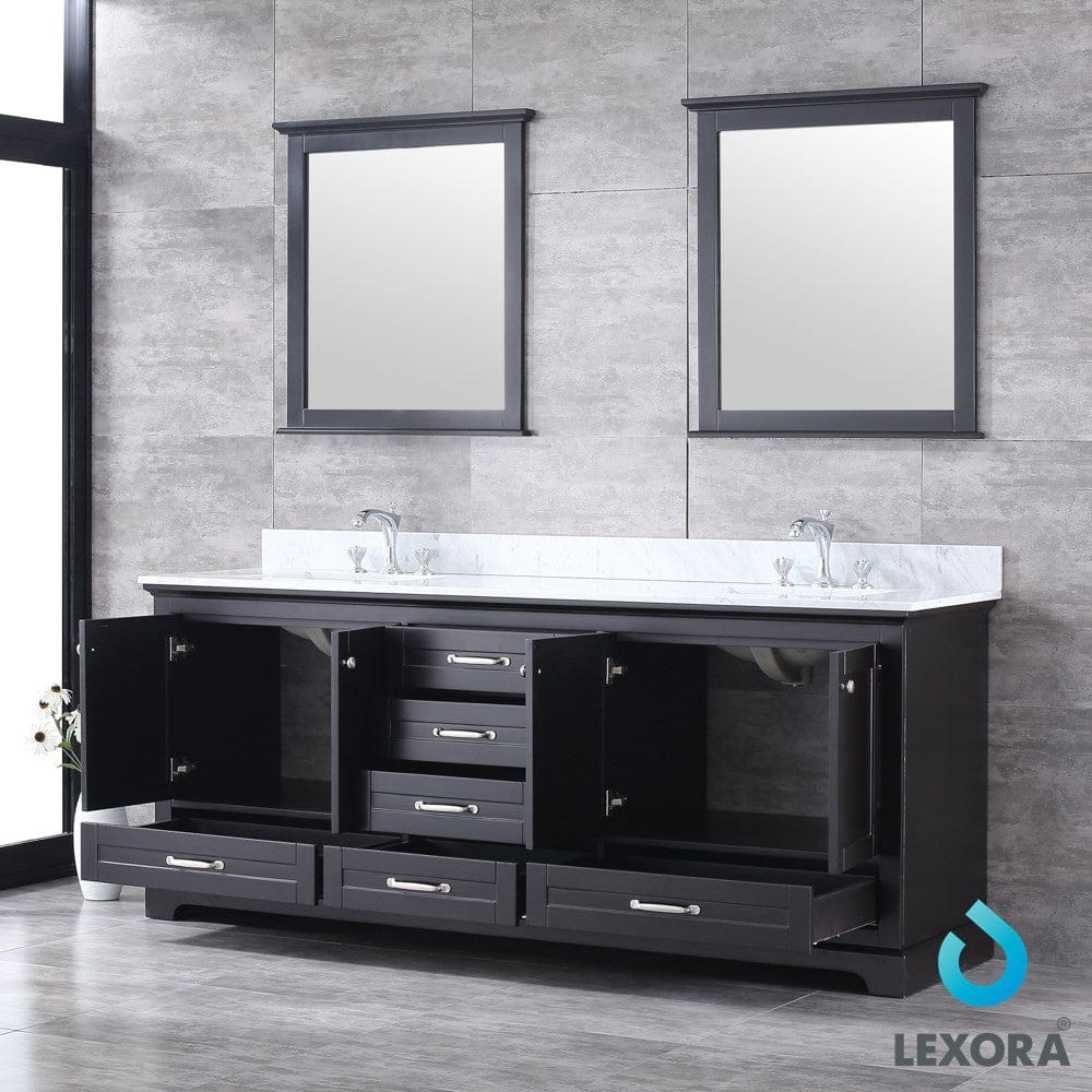 Lexora Dukes 80" Espresso Double Vanity Set in | White Carrara Marble Top | White Ceramic Square Undermount Sinks | 30" Mirrors