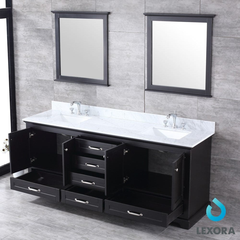 Lexora Dukes 80" Espresso Double Vanity Set in | White Carrara Marble Top | White Ceramic Square Undermount Sinks | 30" Mirrors