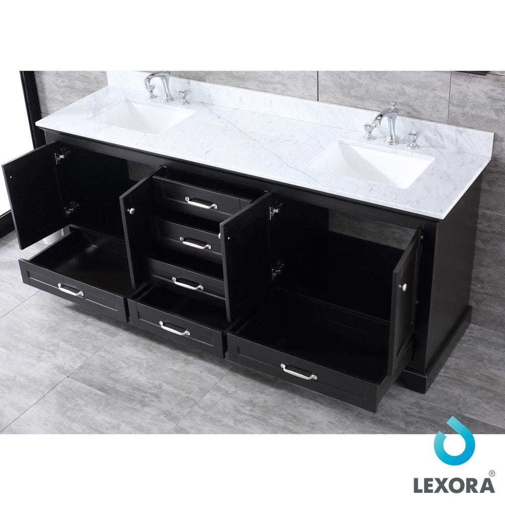 Lexora Dukes 80" Espresso Double Vanity Set in | White Carrara Marble Top | White Ceramic Square Undermount Sinks | 30" Mirrors