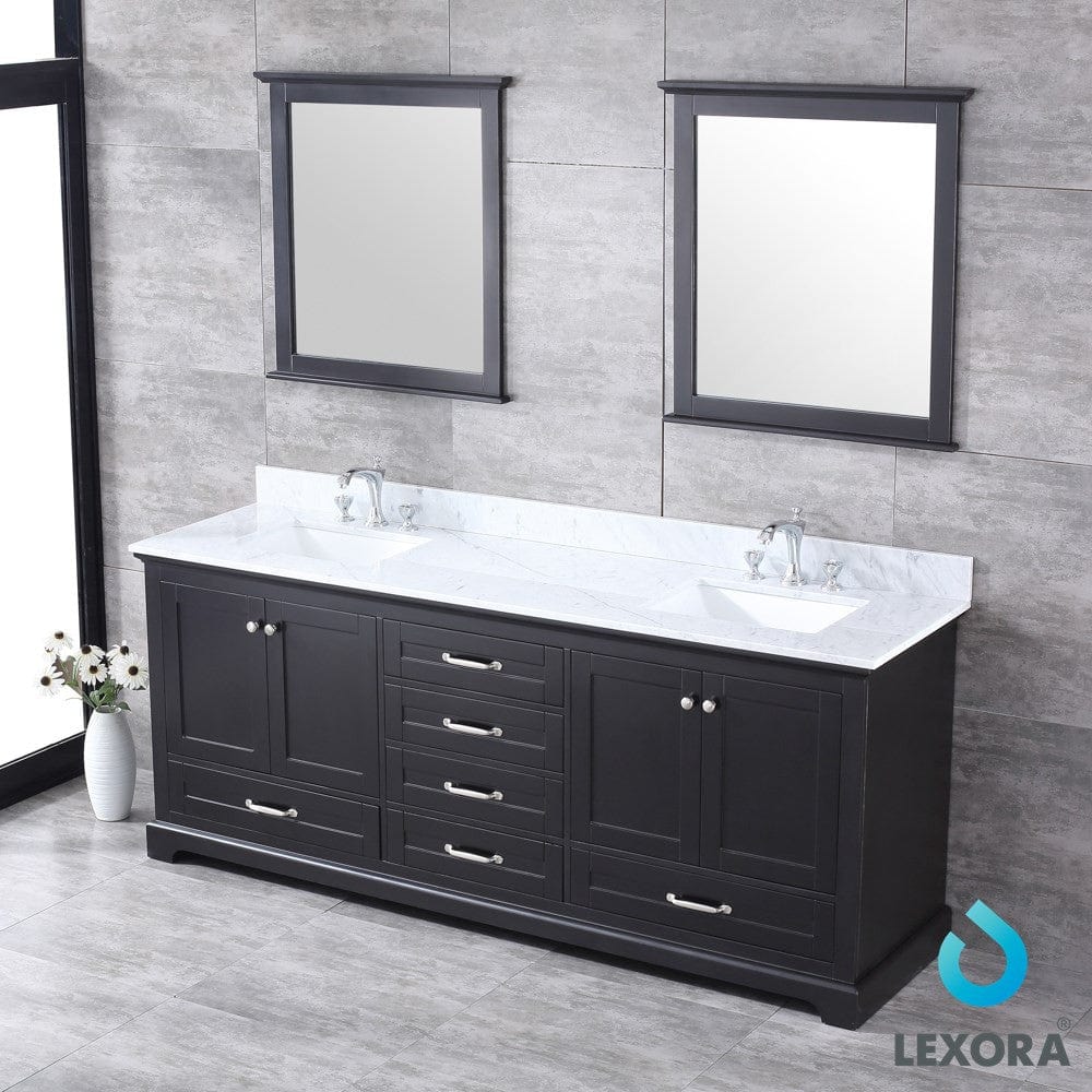 Lexora Dukes 80" Espresso Double Vanity Set in | White Carrara Marble Top | White Ceramic Square Undermount Sinks | 30" Mirrors