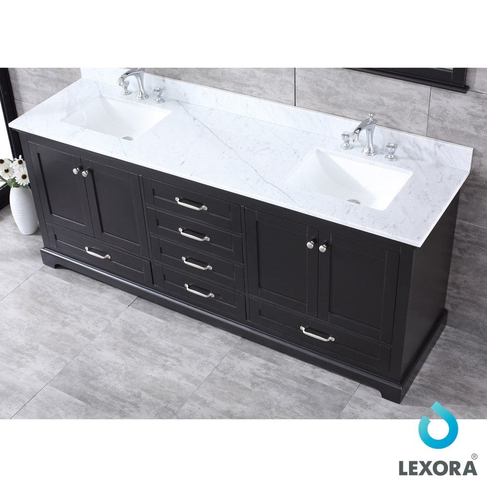 Lexora Dukes 80" Espresso Double Vanity Set in | White Carrara Marble Top | White Ceramic Square Undermount Sinks | 30" Mirrors