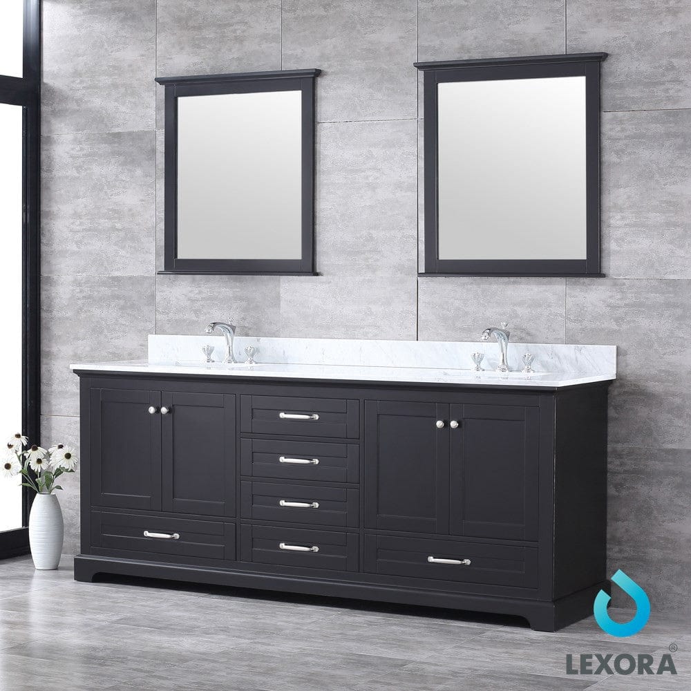 Lexora Dukes 80" Espresso Double Vanity Set in | White Carrara Marble Top | White Ceramic Square Undermount Sinks | 30" Mirrors