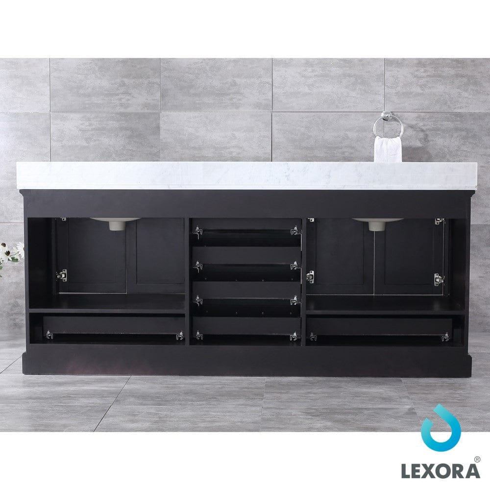 Lexora Dukes 80" Espresso Double Vanity Set in | White Carrara Marble Top | White Ceramic Square Undermount Sinks | 30" Mirrors