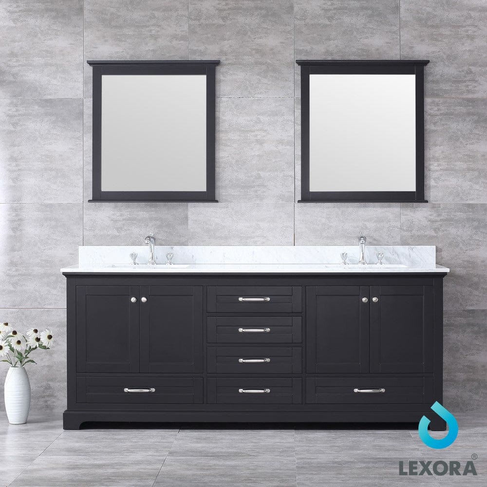 Lexora Dukes 80" Espresso Double Vanity Set in | White Carrara Marble Top | White Ceramic Square Undermount Sinks | 30" Mirrors