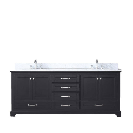 Lexora Dukes 80" Espresso Double Vanity | White Carrara Marble Top | White Ceramic Square Undermount Sinks | No Mirror