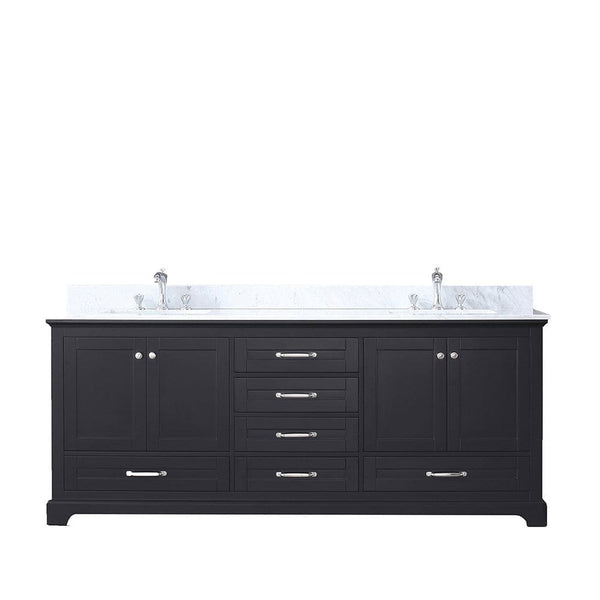 Lexora Dukes 80 Espresso Double Vanity | White Carrara Marble Top | White Ceramic Square Undermount Sinks | No Mirror