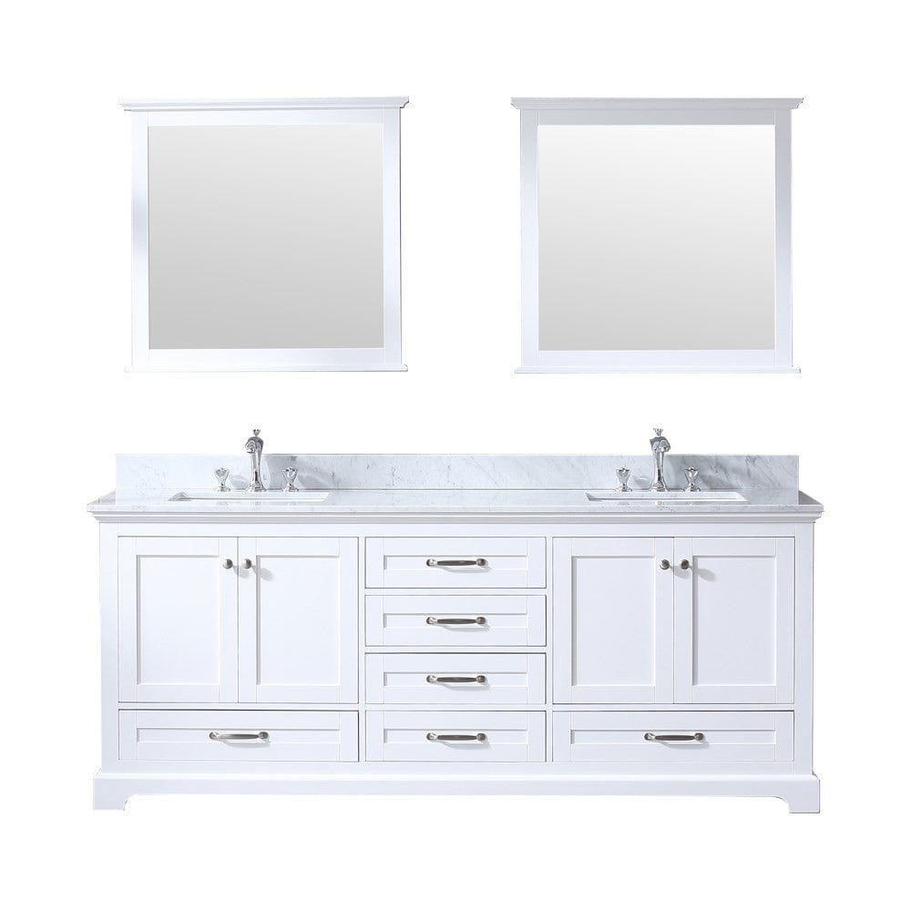 Lexora Dukes 80" White Double Vanity Set | White Carrara Marble Top | White Ceramic Square Undermount Sinks | 30" Mirrors