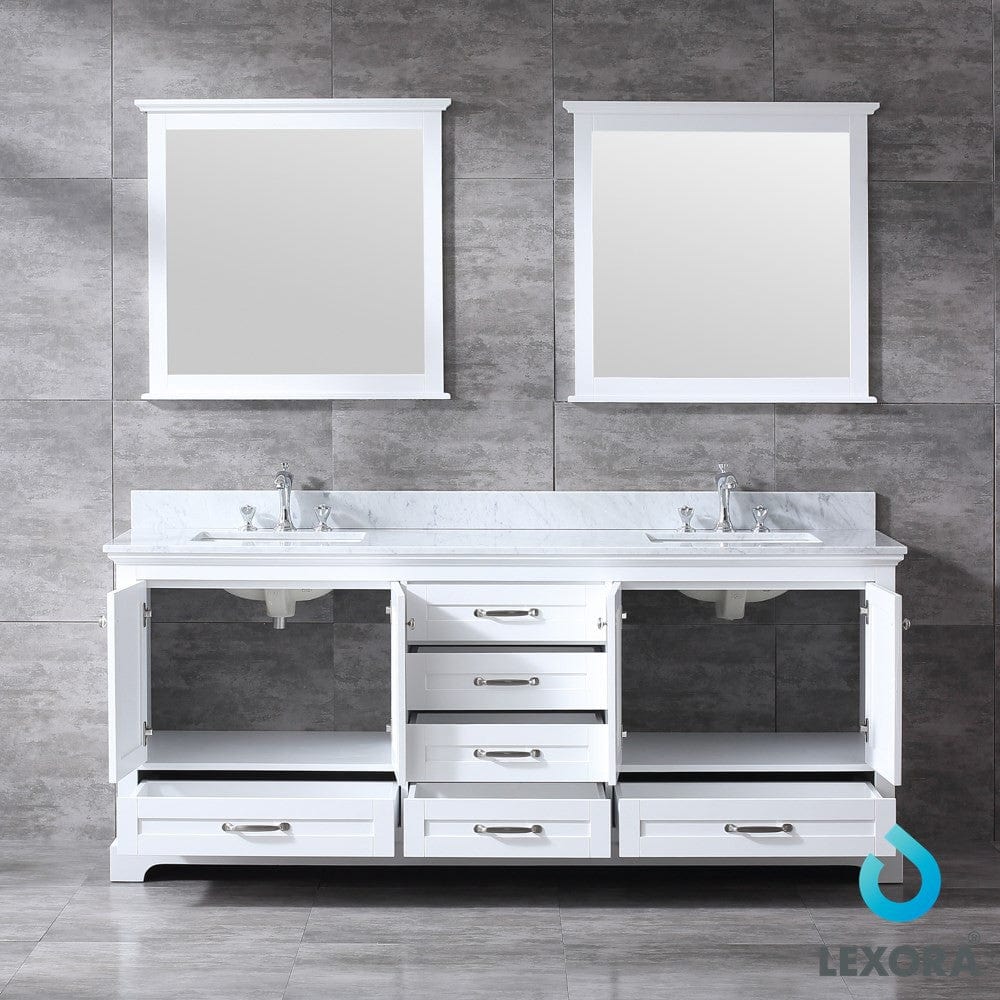 Lexora Dukes 80" White Double Vanity Set | White Carrara Marble Top | White Ceramic Square Undermount Sinks | 30" Mirrors