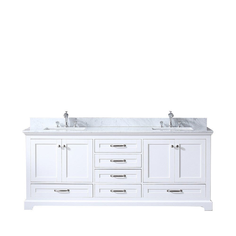 Lexora Dukes 80" White Double Vanity | White Carrara Marble Top | White Ceramic Square Undermount Sinks | No Mirror