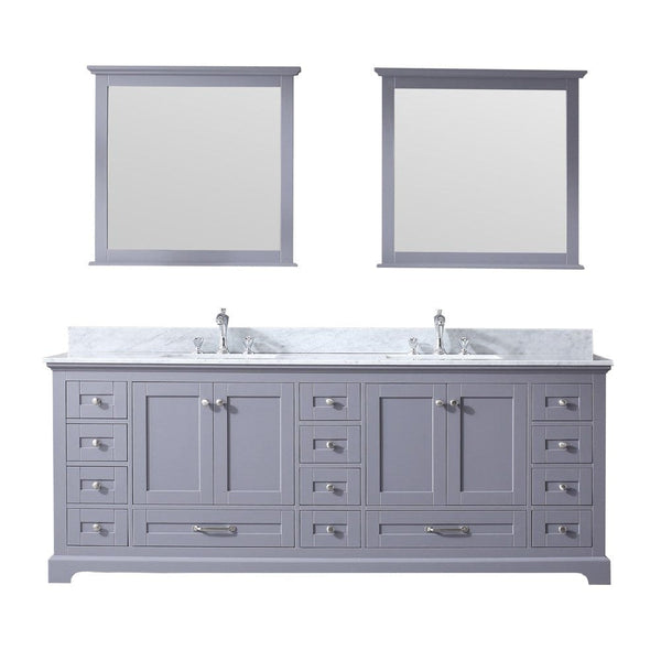 Lexora Dukes 84 Dark Grey Double Vanity Set | White Carrara Marble Top | White Ceramic Square Undermount Sinks | 34 Mirrors