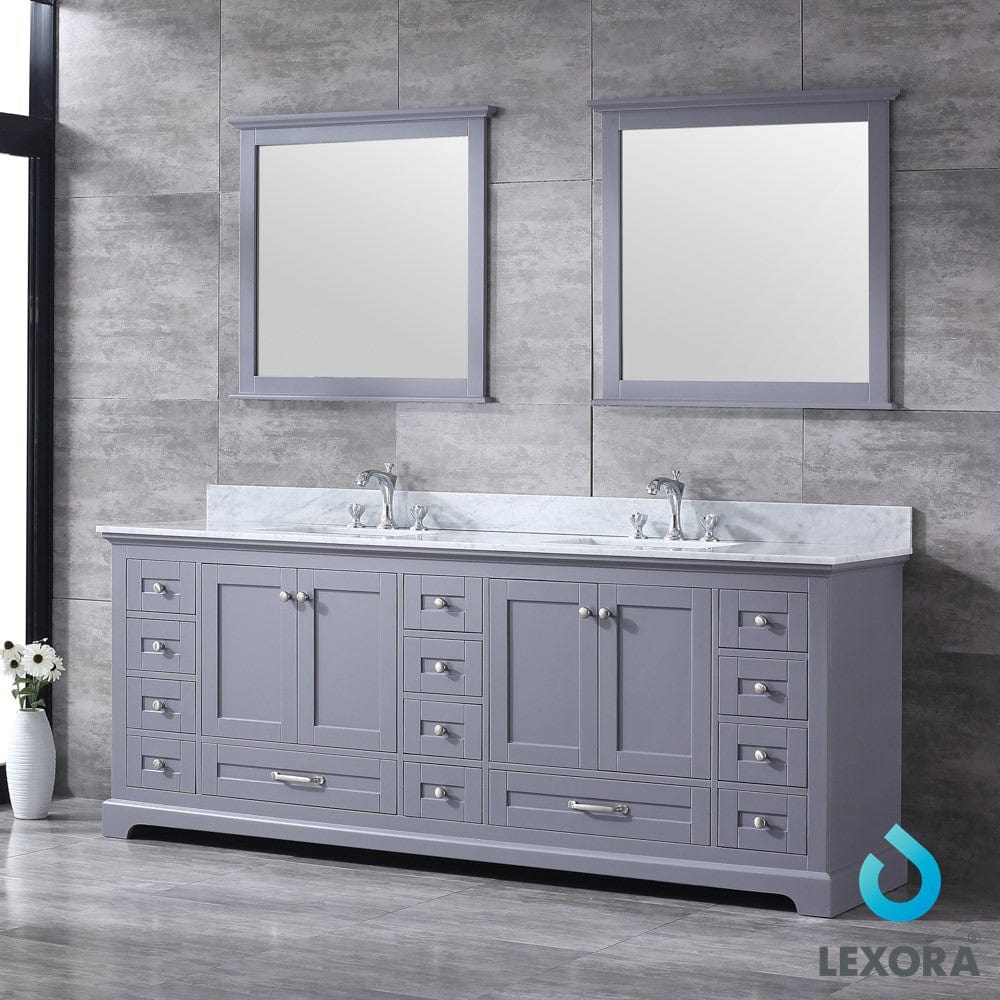 Lexora Dukes 84" Dark Grey Double Vanity Set | White Carrara Marble Top | White Ceramic Square Undermount Sinks | 34" Mirrors