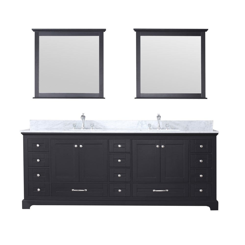 Lexora Dukes 84" Espresso Double Vanity Set | White Carrara Marble Top | White Ceramic Square Undermount Sinks | 34" Mirrors