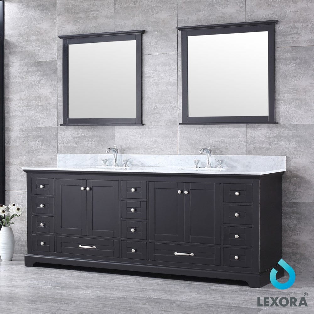 Lexora Dukes 84" Espresso Double Vanity Set | White Carrara Marble Top | White Ceramic Square Undermount Sinks | 34" Mirrors