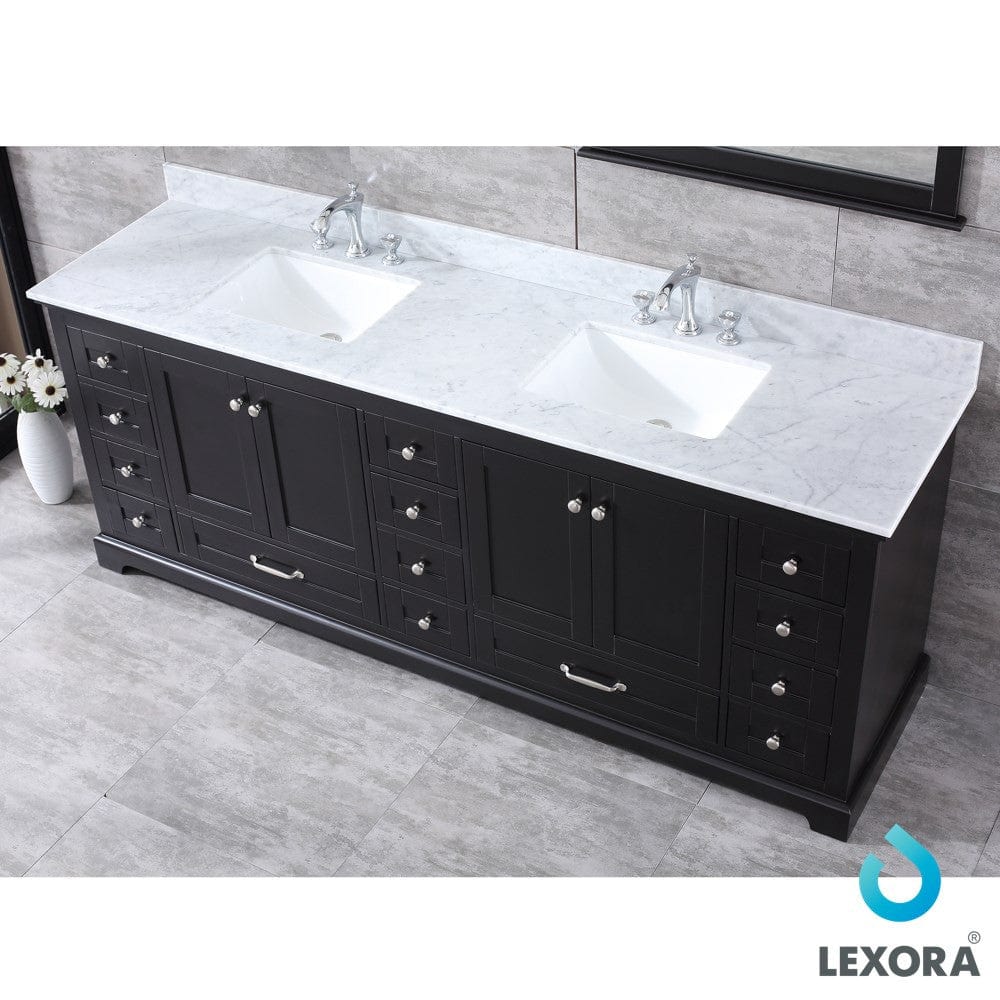 Lexora Dukes 84" Espresso Double Vanity Set | White Carrara Marble Top | White Ceramic Square Undermount Sinks | 34" Mirrors