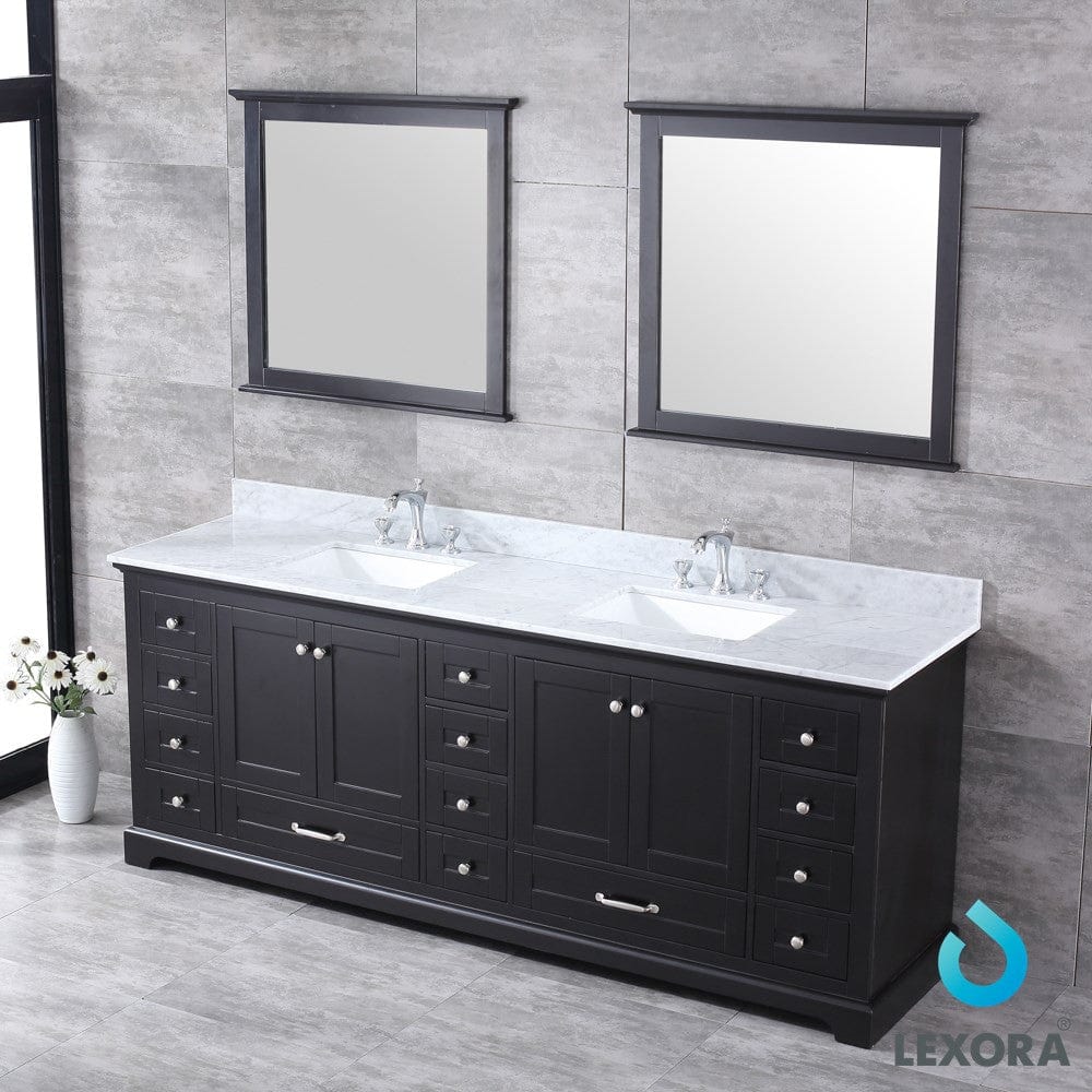 Lexora Vanities Lexora Dukes 84" Espresso Double Vanity Set | White Carrara Marble Top | White Ceramic Square Undermount Sinks | 34" Mirrors