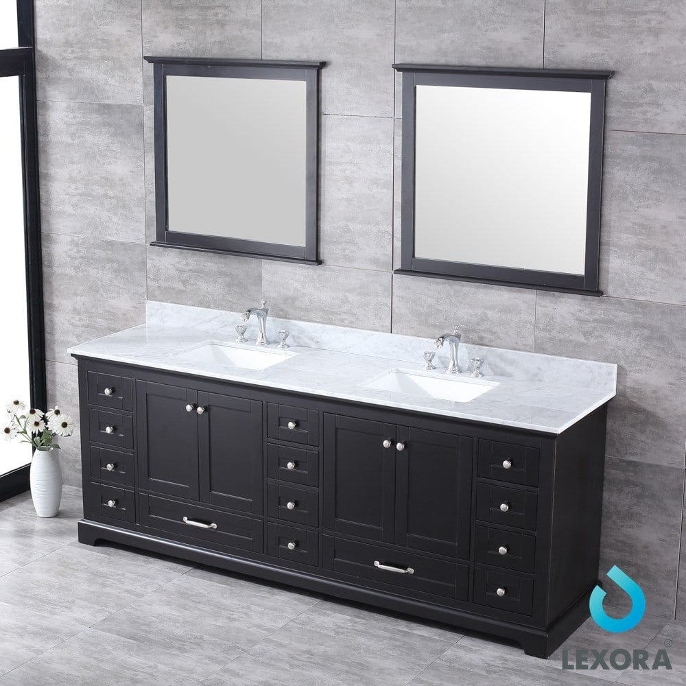 Lexora Dukes 84" Espresso Double Vanity Set | White Carrara Marble Top | White Ceramic Square Undermount Sinks | 34" Mirrors