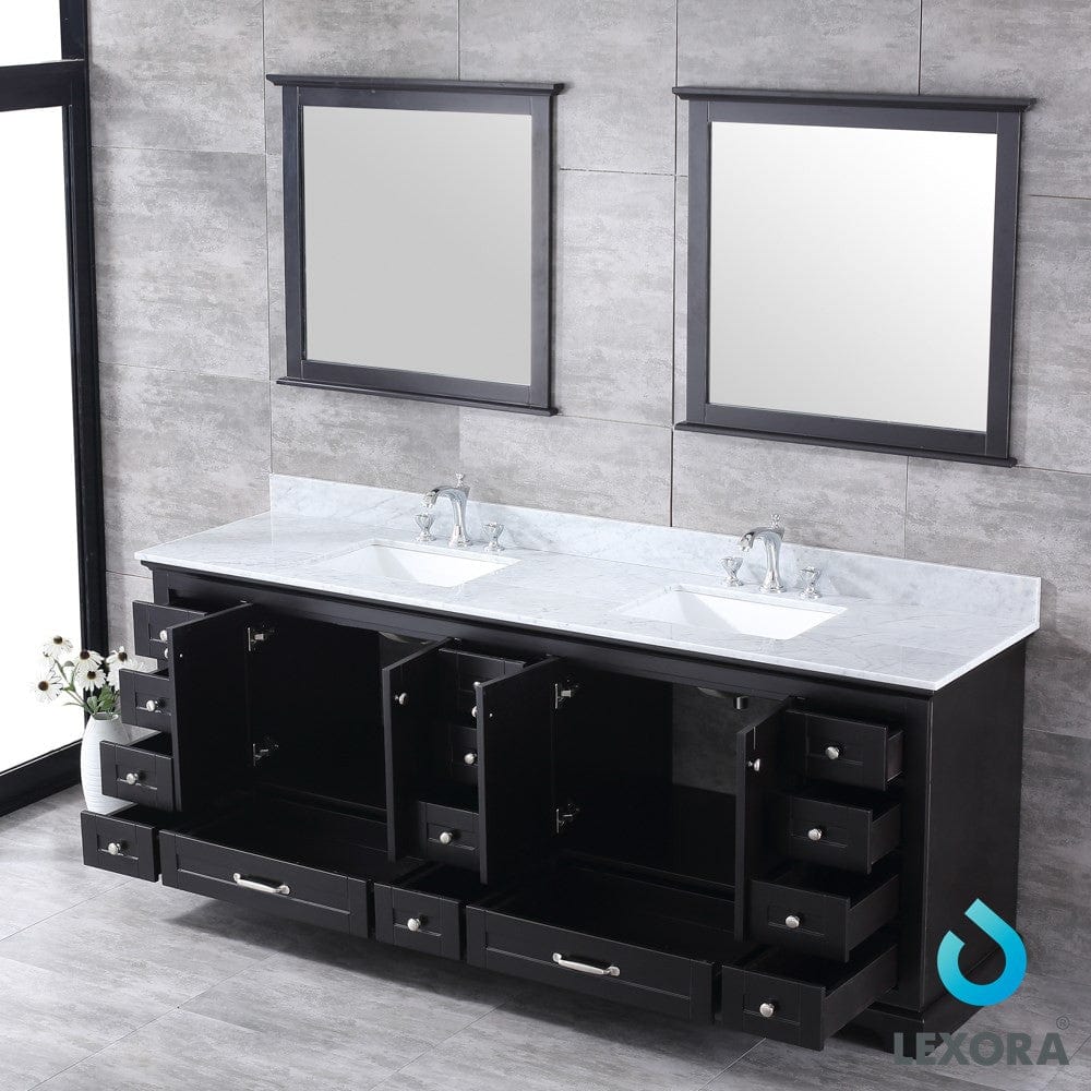 Lexora Dukes 84" Espresso Double Vanity Set | White Carrara Marble Top | White Ceramic Square Undermount Sinks | 34" Mirrors