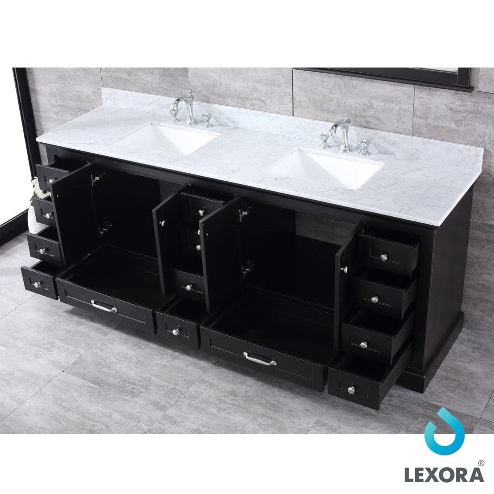 Lexora Dukes 84" Espresso Double Vanity Set | White Carrara Marble Top | White Ceramic Square Undermount Sinks | 34" Mirrors