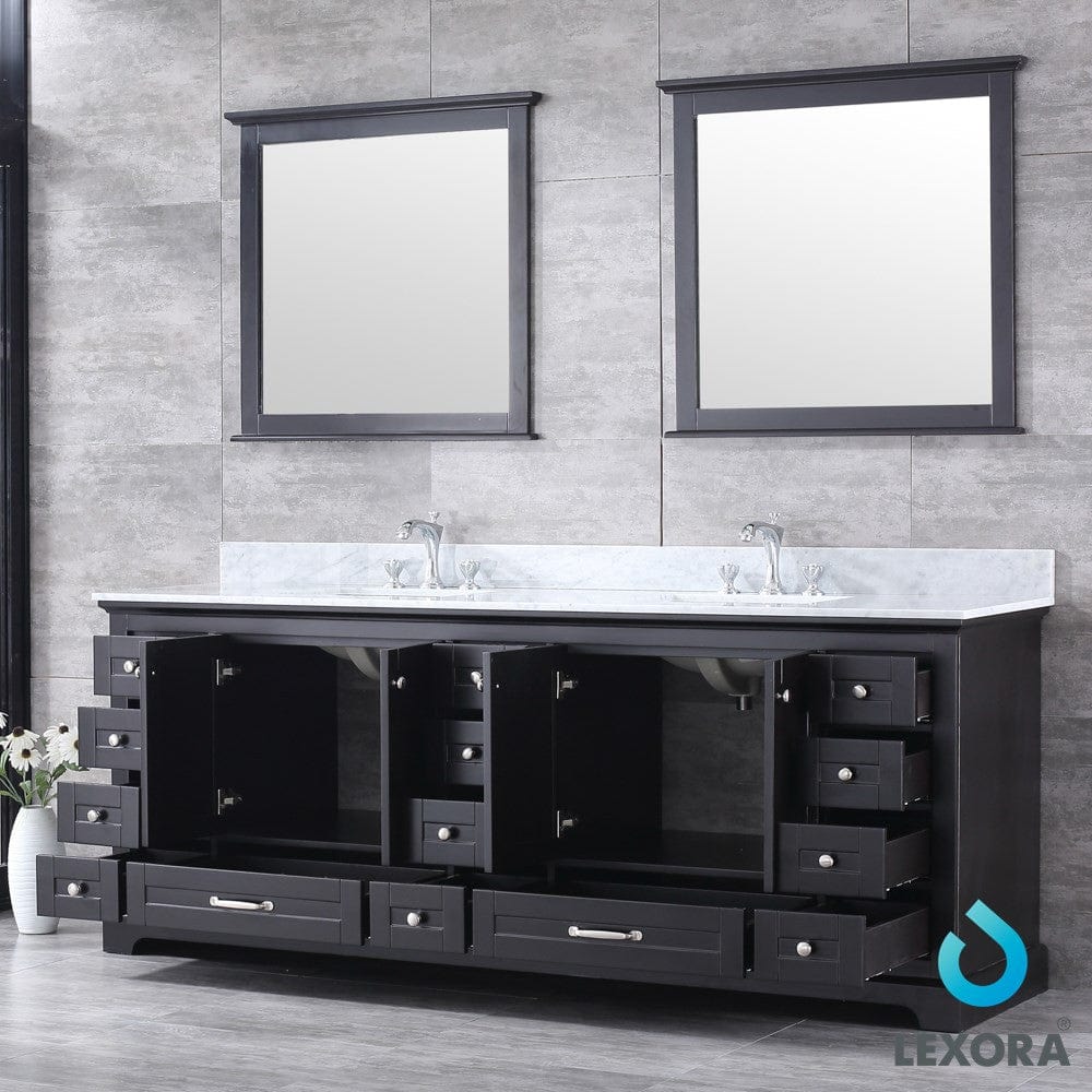 Lexora Dukes 84" Espresso Double Vanity Set | White Carrara Marble Top | White Ceramic Square Undermount Sinks | 34" Mirrors