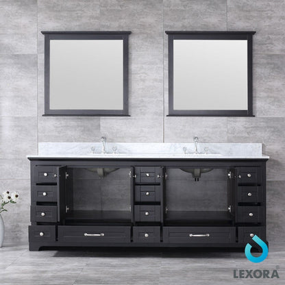 Lexora Vanities Lexora Dukes 84" Espresso Double Vanity Set | White Carrara Marble Top | White Ceramic Square Undermount Sinks | 34" Mirrors