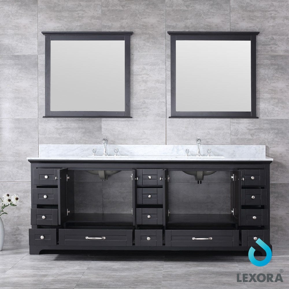 Lexora Dukes 84" Espresso Double Vanity Set | White Carrara Marble Top | White Ceramic Square Undermount Sinks | 34" Mirrors