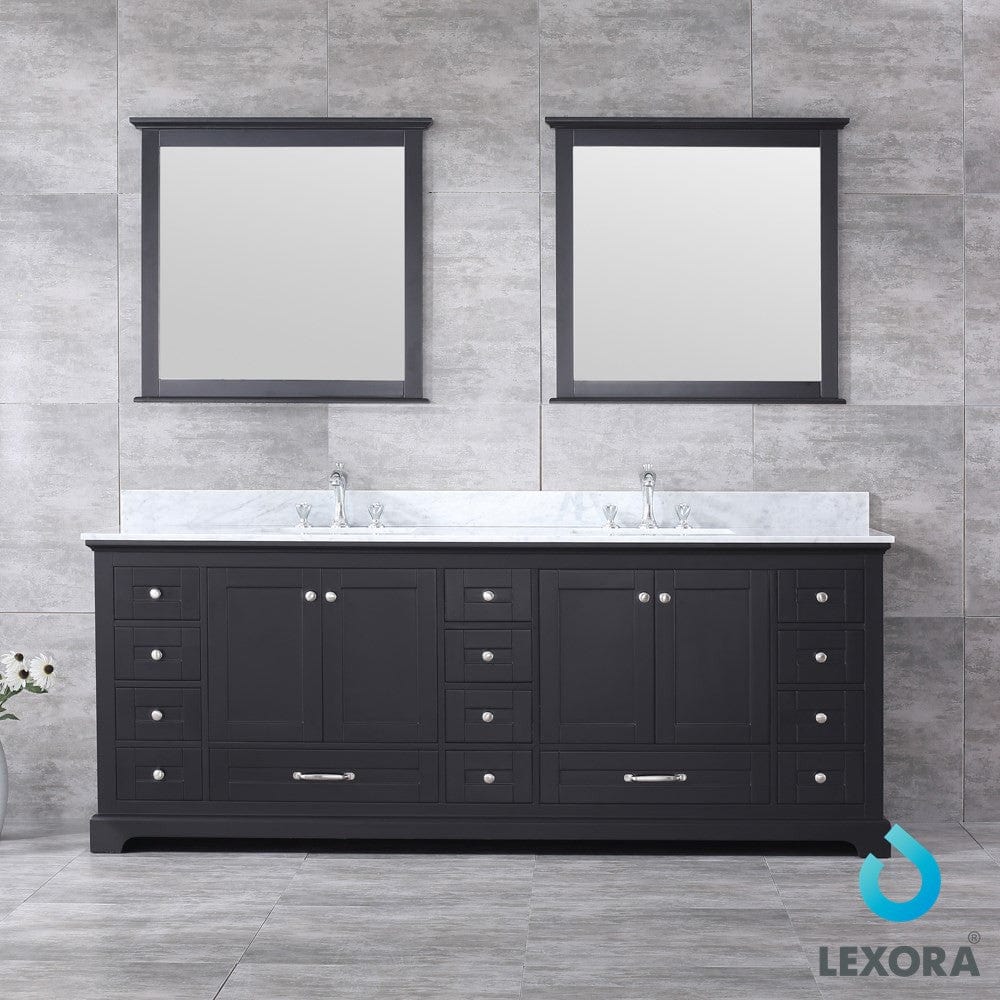 Lexora Dukes 84" Espresso Double Vanity Set | White Carrara Marble Top | White Ceramic Square Undermount Sinks | 34" Mirrors