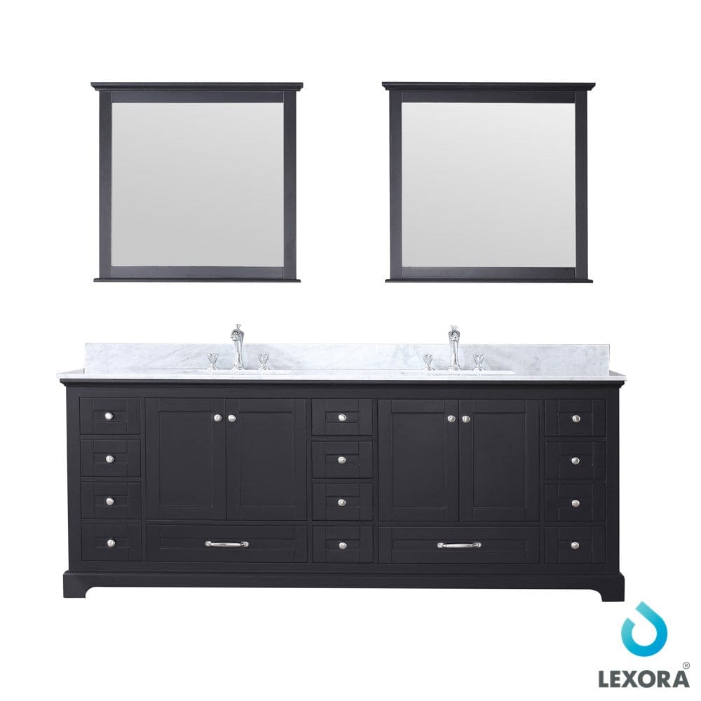 Lexora Dukes 84" Espresso Double Vanity Set | White Carrara Marble Top | White Ceramic Square Undermount Sinks | 34" Mirrors