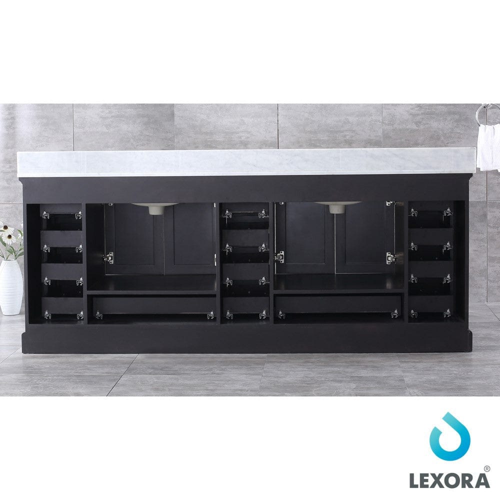 Lexora Dukes 84" Espresso Double Vanity Set | White Carrara Marble Top | White Ceramic Square Undermount Sinks | 34" Mirrors