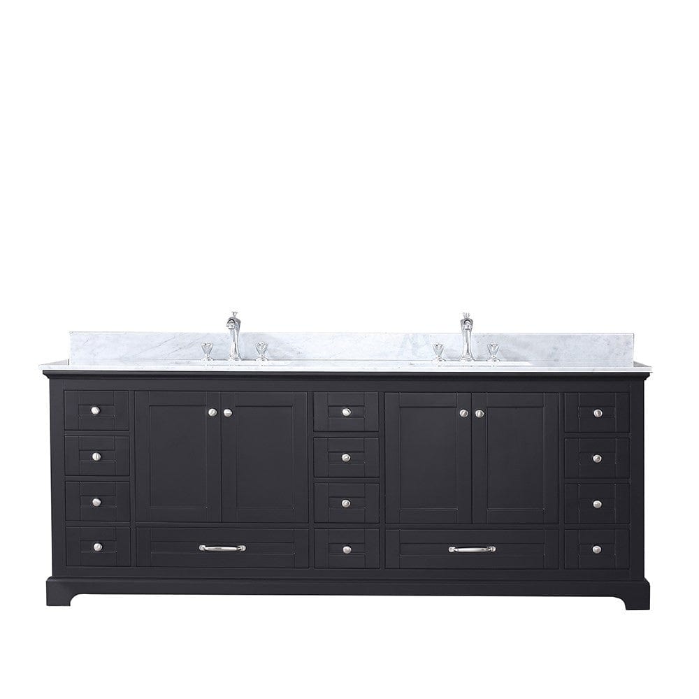 Lexora Dukes 84" Espresso Double Vanity | White Carrara Marble Top | White Ceramic Square Undermount Sinks | No Mirror