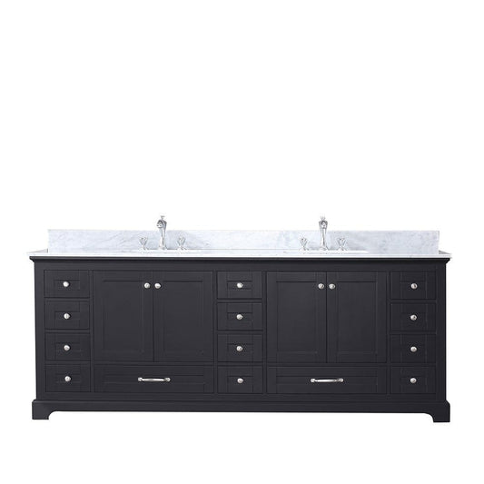 Lexora Dukes 84" Espresso Double Vanity | White Carrara Marble Top | White Ceramic Square Undermount Sinks | No Mirror