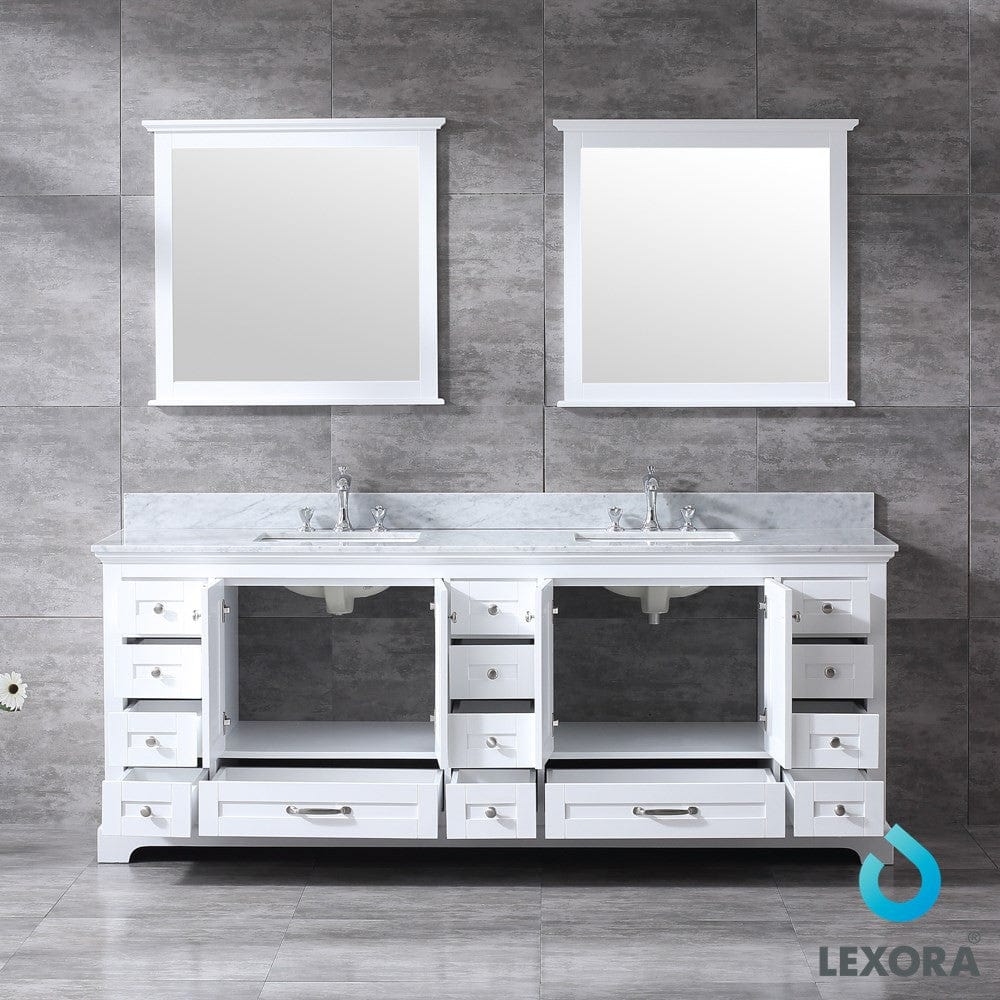 Lexora Dukes 84" White Double Vanity Set | White Carrara Marble Top | White Ceramic Square Undermount Sinks | 34" Mirrors