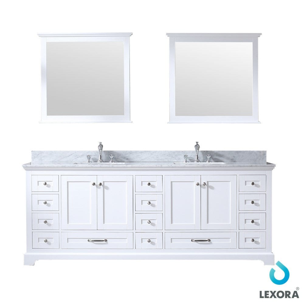 Lexora Dukes 84" White Double Vanity Set | White Carrara Marble Top | White Ceramic Square Undermount Sinks | 34" Mirrors