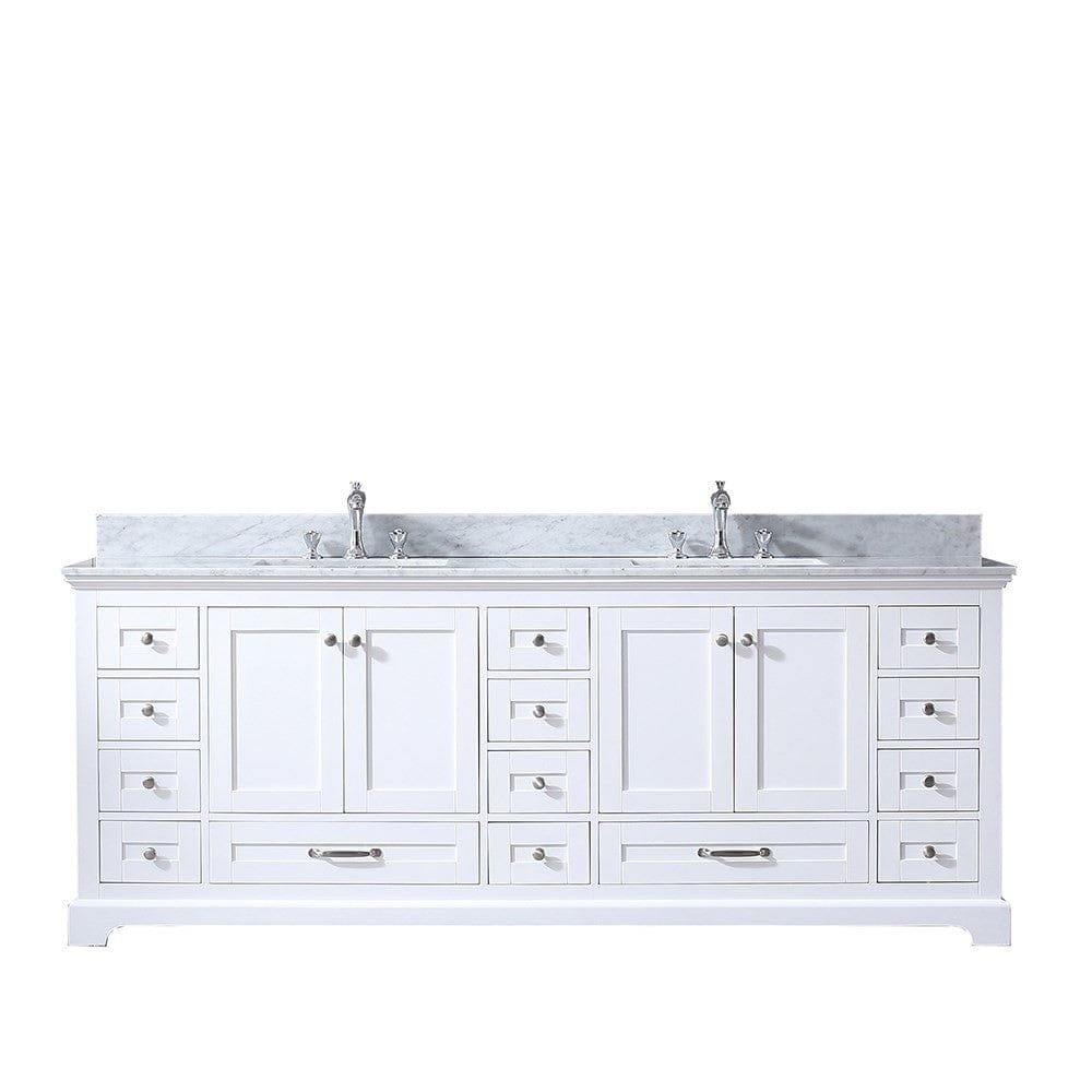 Lexora Dukes 84" White Double Vanity | White Carrara Marble Top | White Ceramic Square Undermount Sinks | No Mirror