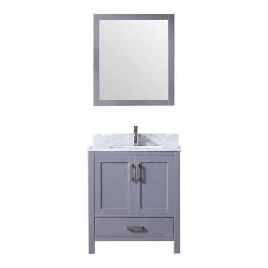 Lexora Vanities Lexora Jacques 30" Dark Grey Single Vanity Set | White Carrara Marble Top | White Ceramic Square Undermount Sink | 28" Mirror