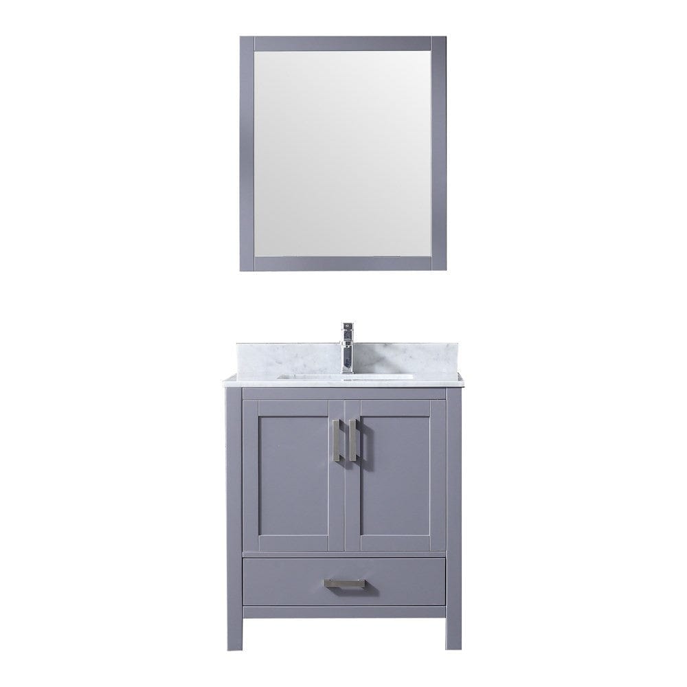 Lexora Jacques 30" Dark Grey Single Vanity Set | White Carrara Marble Top | White Ceramic Square Undermount Sink | 28" Mirror