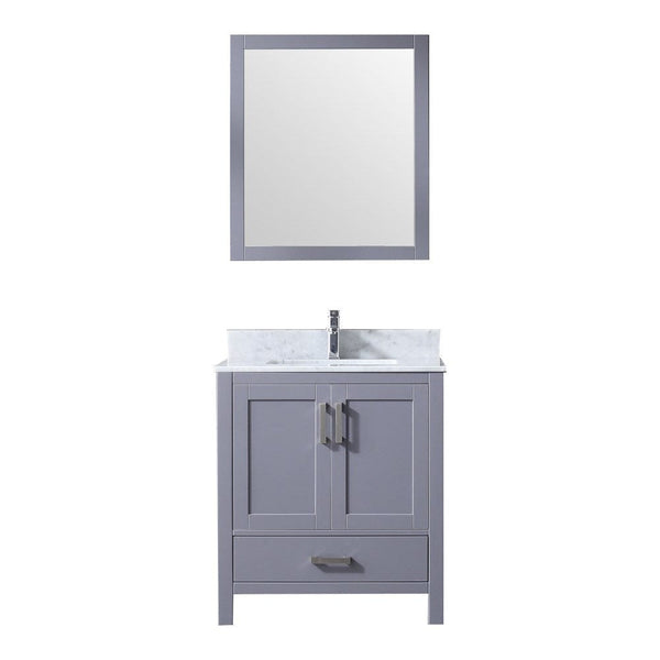 Lexora Jacques 30 Dark Grey Single Vanity Set | White Carrara Marble Top | White Ceramic Square Undermount Sink | 28 Mirror