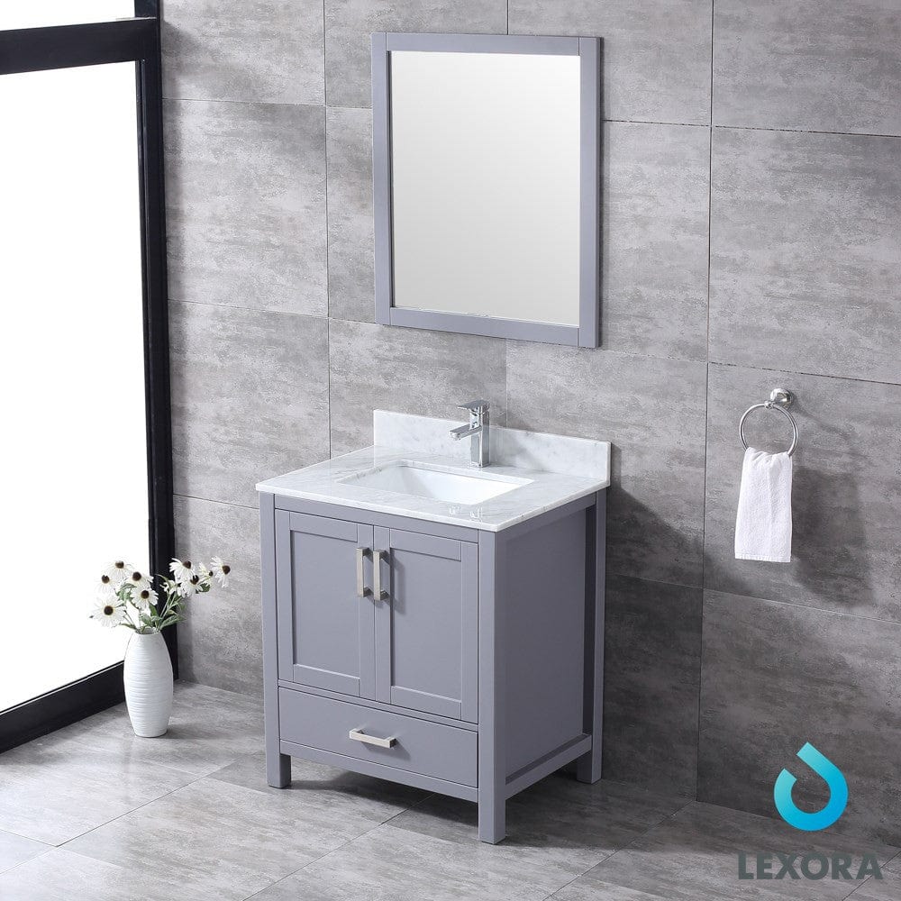 Lexora Jacques 30" Dark Grey Single Vanity Set | White Carrara Marble Top | White Ceramic Square Undermount Sink | 28" Mirror