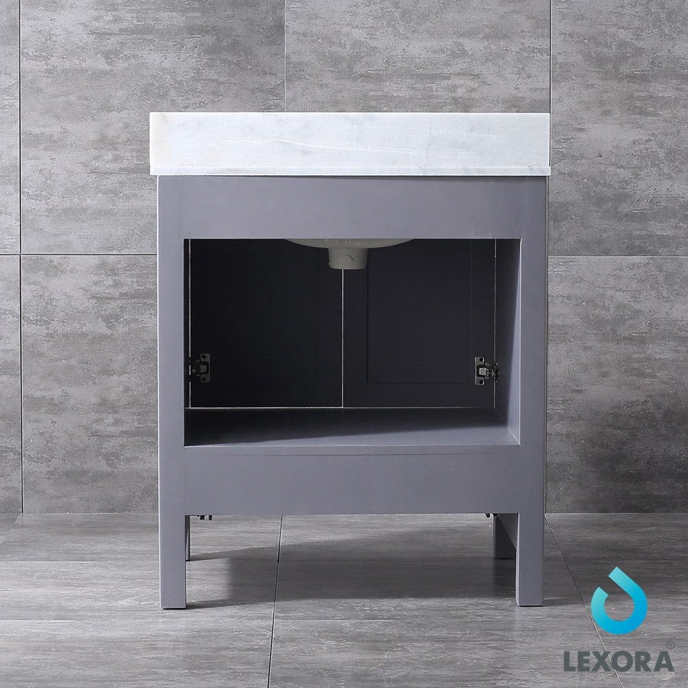 Lexora Jacques 30" Dark Grey Single Vanity Set | White Carrara Marble Top | White Ceramic Square Undermount Sink | 28" Mirror