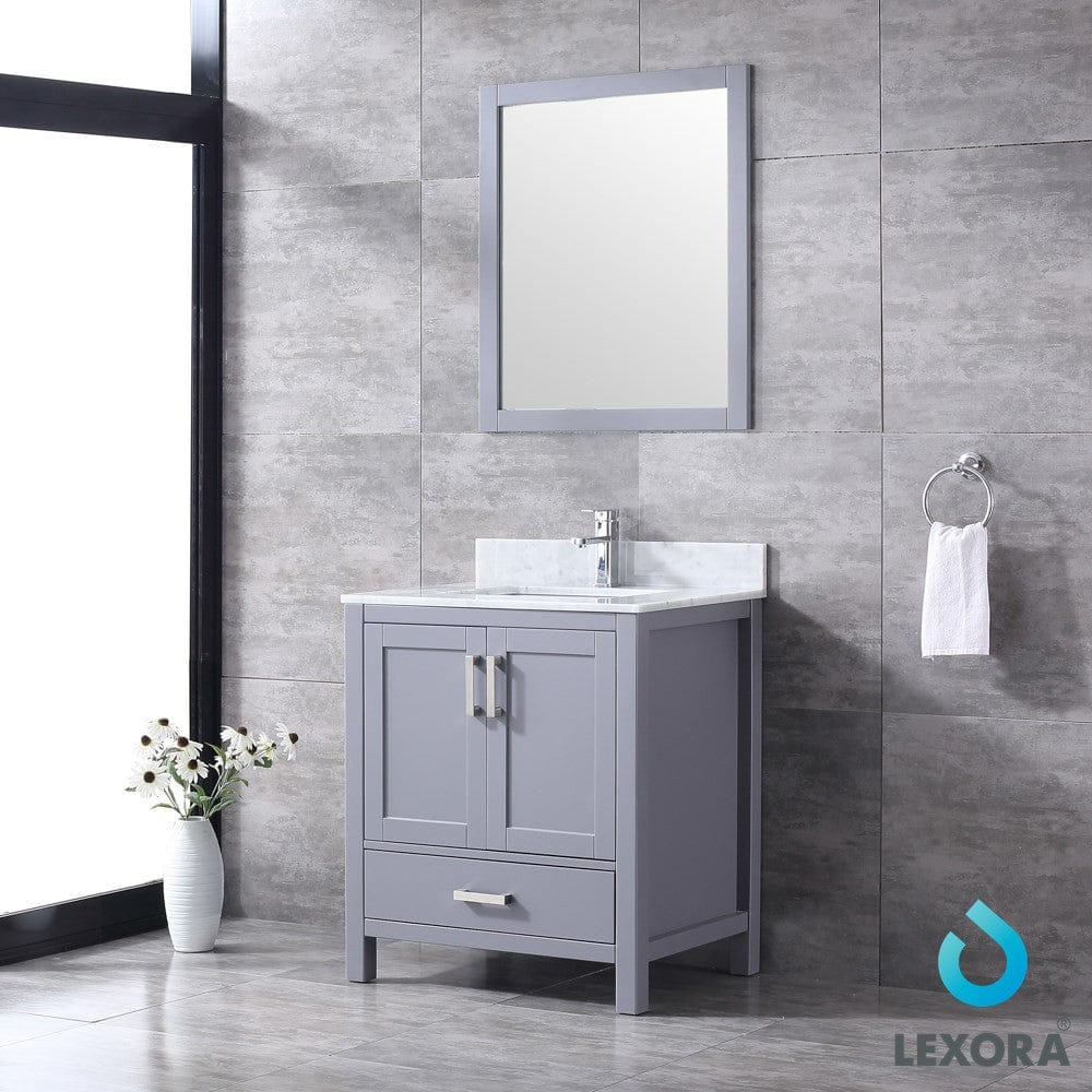 Lexora Jacques 30" Dark Grey Single Vanity Set | White Carrara Marble Top | White Ceramic Square Undermount Sink | 28" Mirror