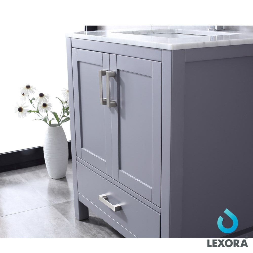 Lexora Jacques 30" Dark Grey Single Vanity Set | White Carrara Marble Top | White Ceramic Square Undermount Sink | 28" Mirror